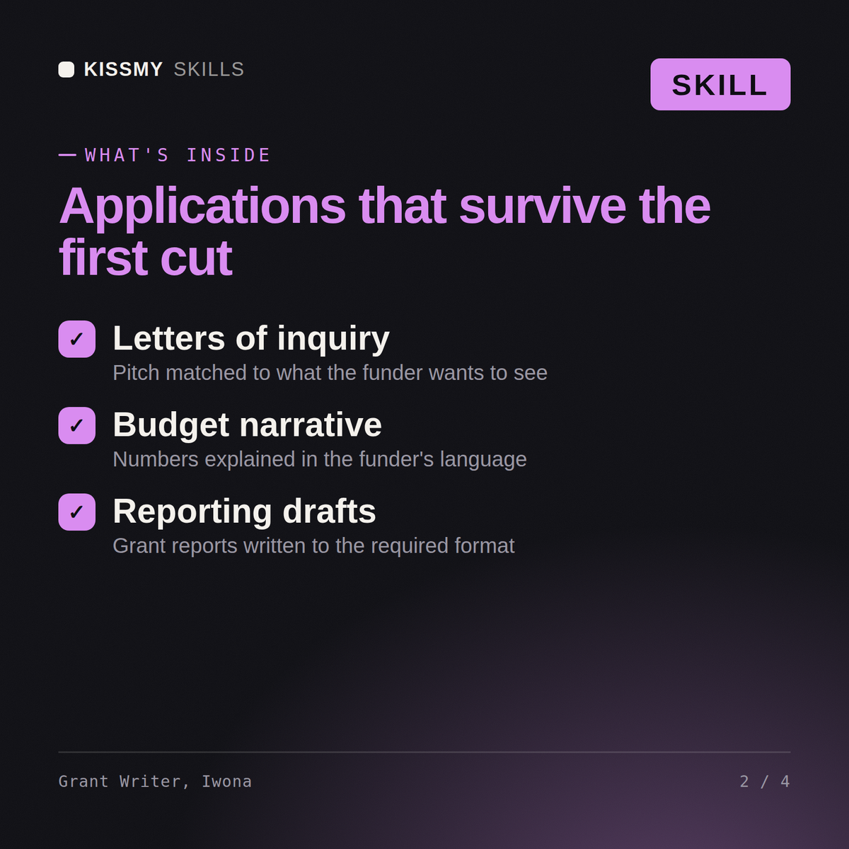 What's inside the Grant Writer, Iwona AI skill: Letters of inquiry, Budget narrative, Reporting drafts