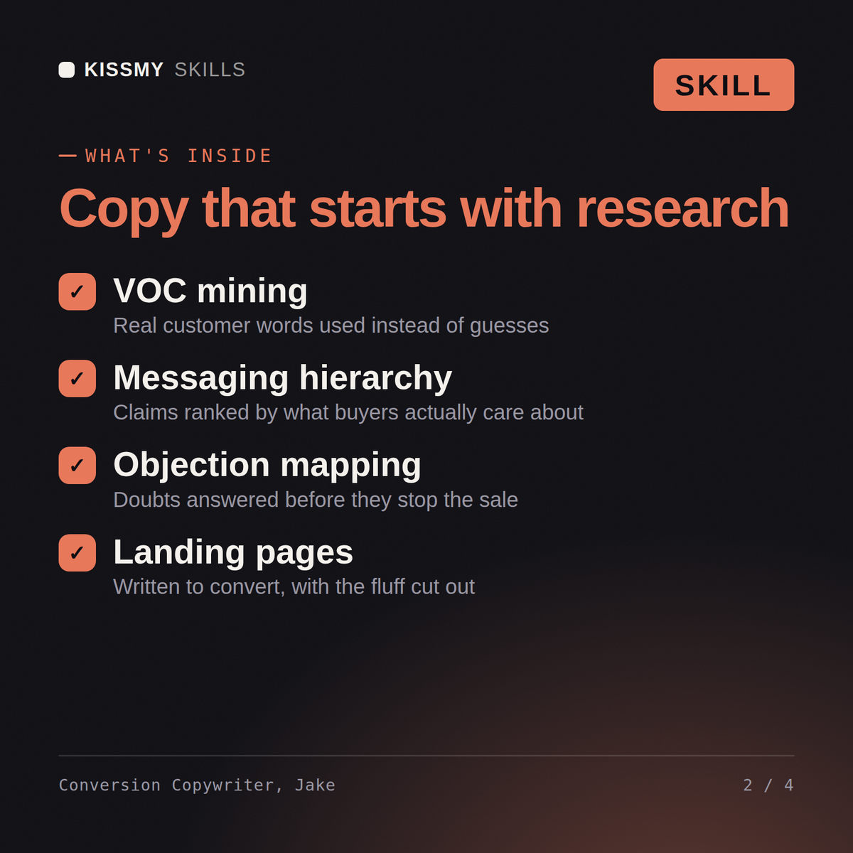 What's inside the Conversion Copywriter, Jake AI skill: VOC mining, Messaging hierarchy, Objection mapping, Landing pages