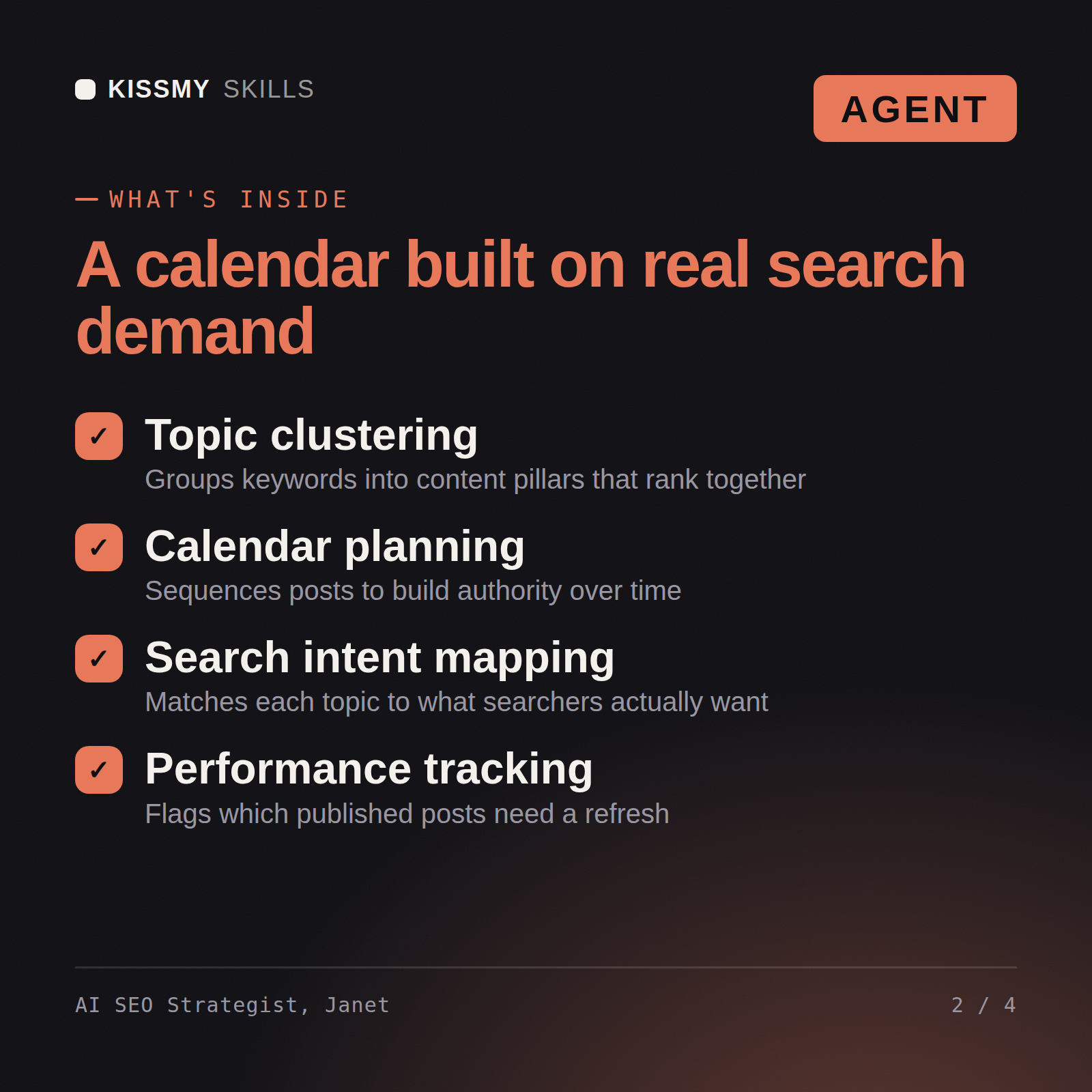 What's inside the AI SEO Strategist, Janet AI agent: Topic clustering, Calendar planning, Search intent mapping, Performance tracking