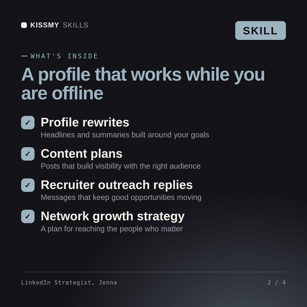 What's inside the LinkedIn Strategist, Jenna AI skill: Profile rewrites, Content plans, Recruiter outreach replies, Network growth strategy