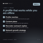 What's inside the LinkedIn Strategist, Jenna AI skill: Profile rewrites, Content plans, Recruiter outreach replies, Network growth strategy