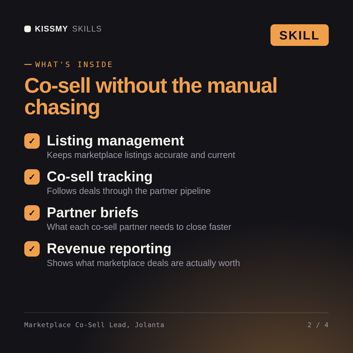 What's inside the Marketplace Co-Sell Lead, Jolanta AI skill: Listing management, Co-sell tracking, Partner briefs, Revenue reporting