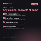 What's inside the World Cuisine Explorer, Kai AI skill: Recipe adaptation, Ingredient swaps, Technique notes, Pairing ideas