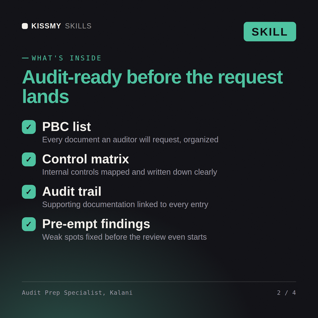 What's inside the Audit Prep Specialist, Kalani AI skill: PBC list, Control matrix, Audit trail, Pre-empt findings