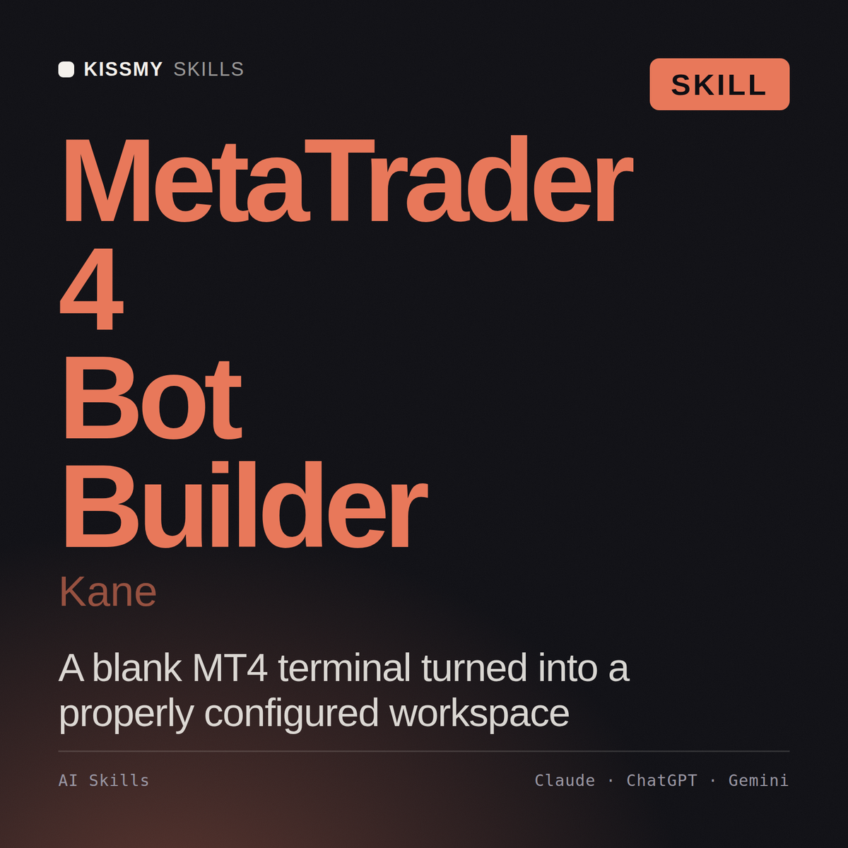MetaTrader 4 Bot Builder, Kane AI skill by KissMySkills, cover