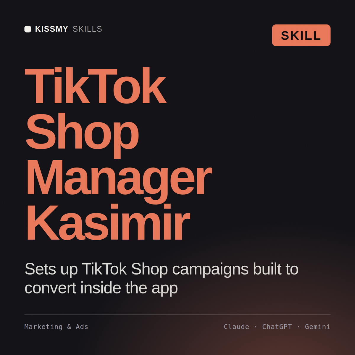 TikTok Shop Manager, Kasimir AI skill by KissMySkills, cover