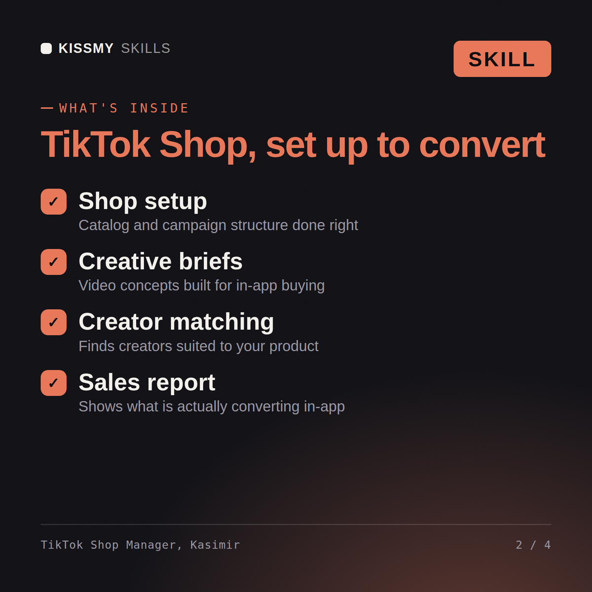 What's inside the TikTok Shop Manager, Kasimir AI skill: Shop setup, Creative briefs, Creator matching, Sales report