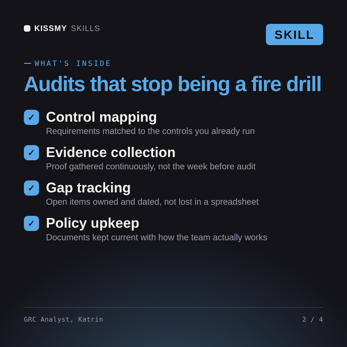 What's inside the GRC Analyst, Katrin AI skill: Control mapping, Evidence collection, Gap tracking, Policy upkeep