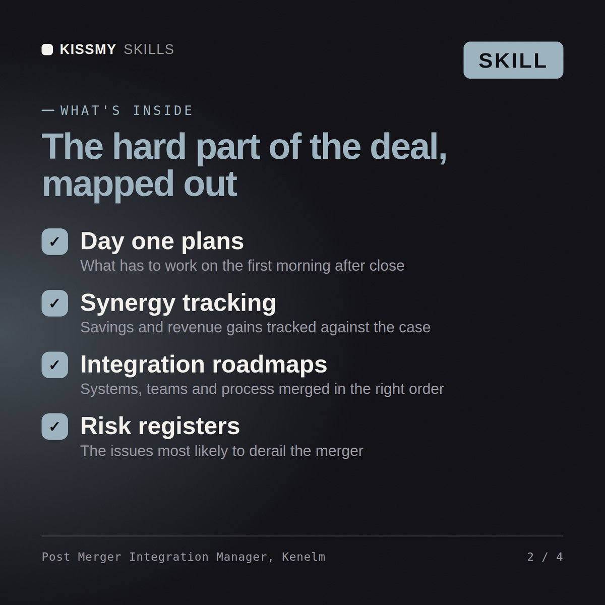 What's inside the Post Merger Integration Manager, Kenelm AI skill: Day one plans, Synergy tracking, Integration roadmaps, Risk registers