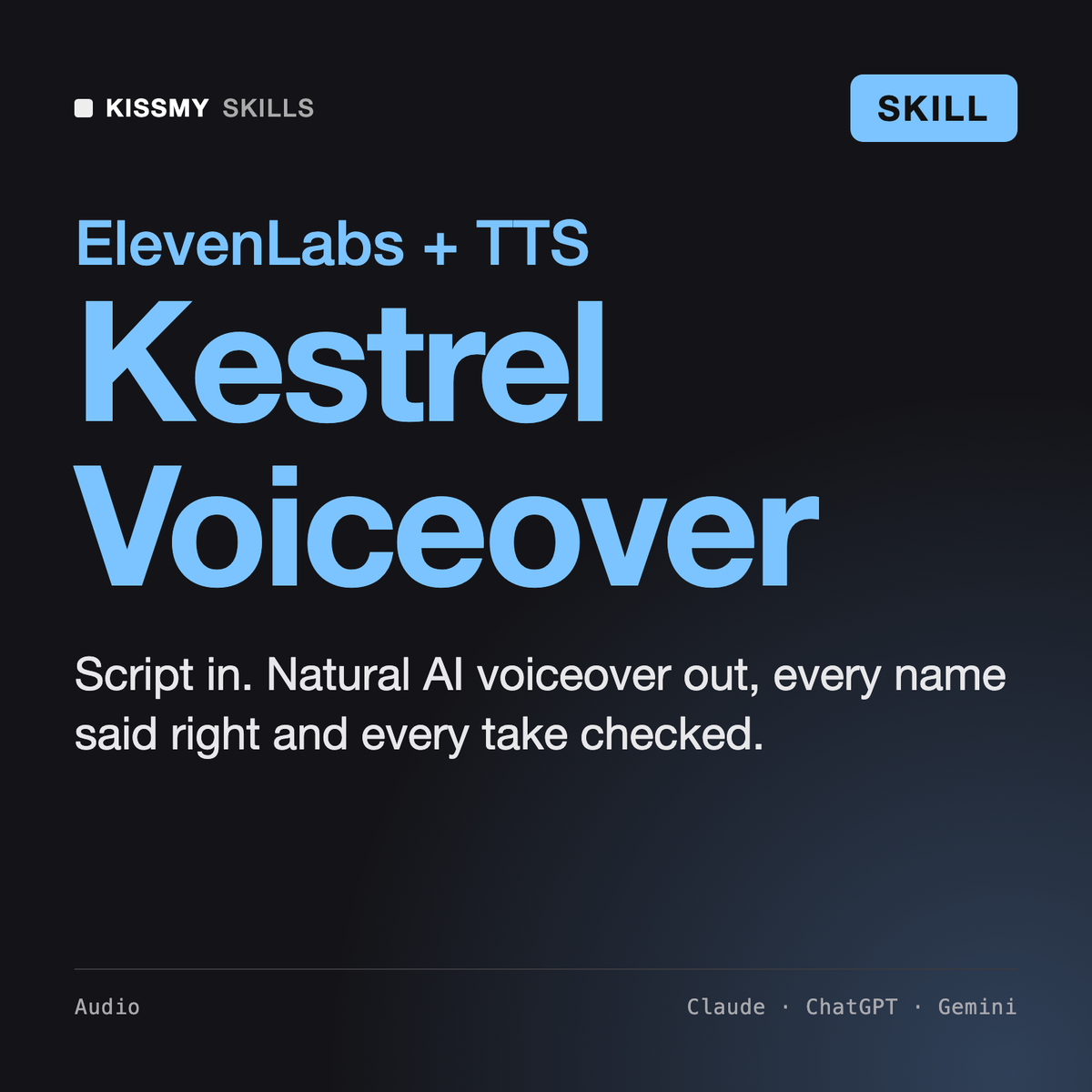 Kestrel - AI Voiceover & ElevenLabs Producer AI skill by KissMySkills, cover