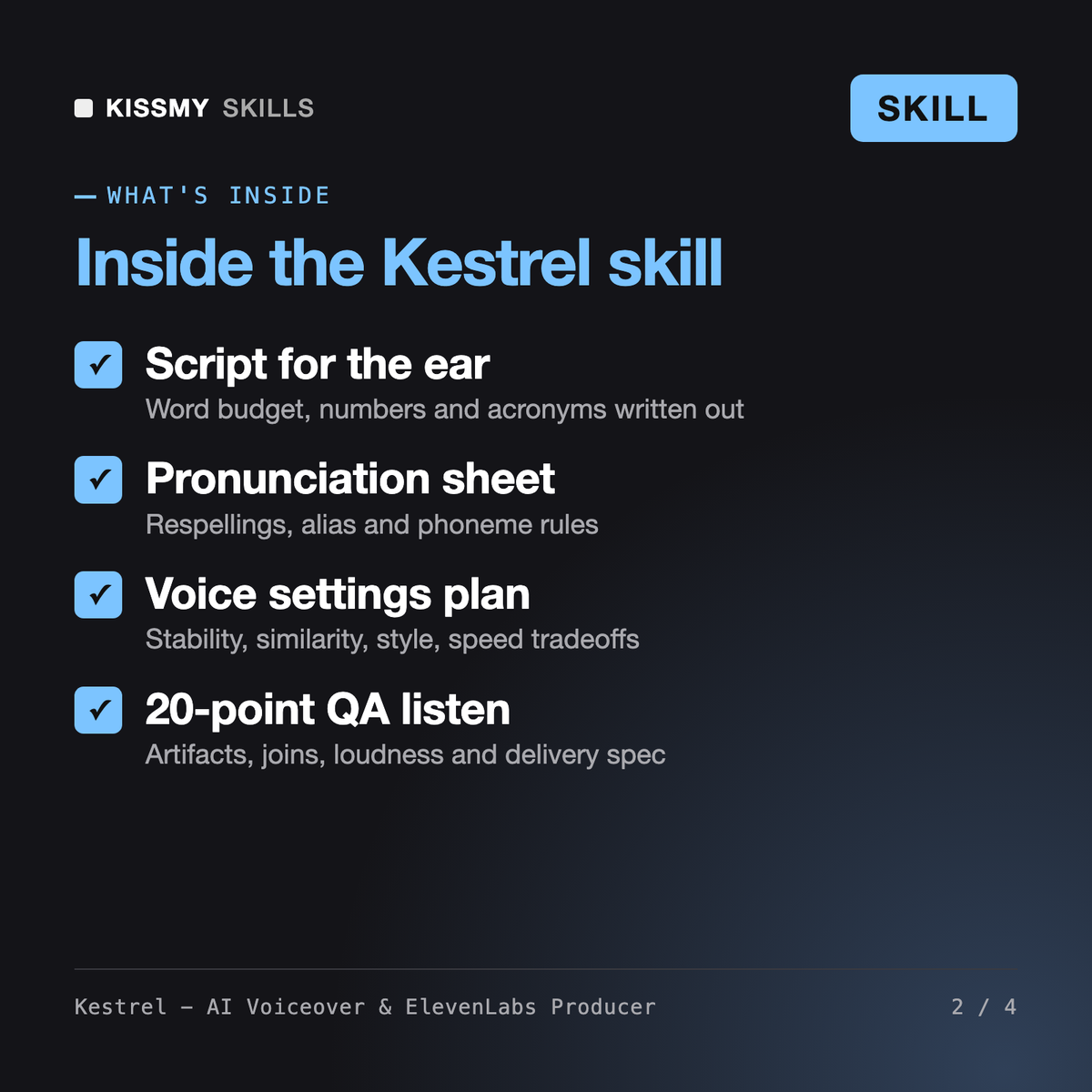 What's inside the Kestrel - AI Voiceover & ElevenLabs Producer AI skill: Script for the ear, Pronunciation sheet, Voice settings plan, 20-point QA listen