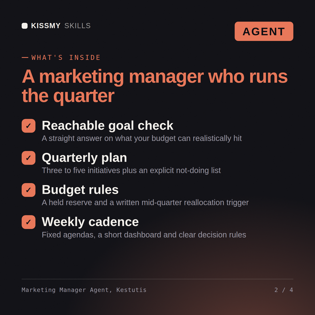 What's inside the Marketing Manager Agent, Kestutis AI agent: Reachable goal check, Quarterly plan, Budget rules, Weekly cadence