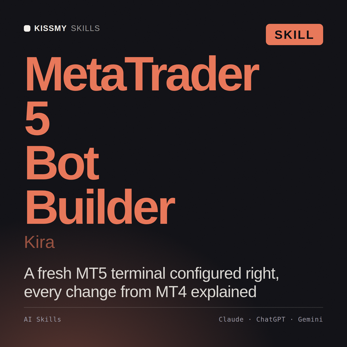 MetaTrader 5 Bot Builder, Kira AI skill by KissMySkills, cover