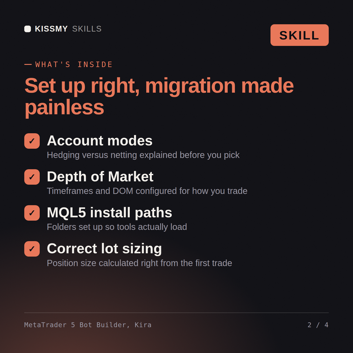 What's inside the MetaTrader 5 Bot Builder, Kira AI skill: Account modes, Depth of Market, MQL5 install paths, Correct lot sizing