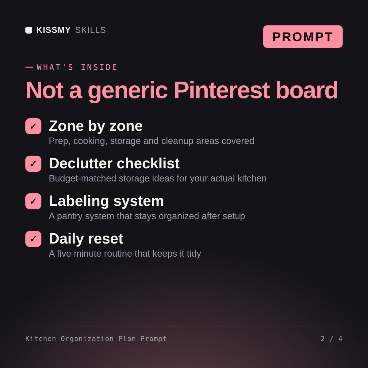 What's inside the Kitchen Organization Plan Prompt AI prompt: Zone by zone, Declutter checklist, Labeling system, Daily reset