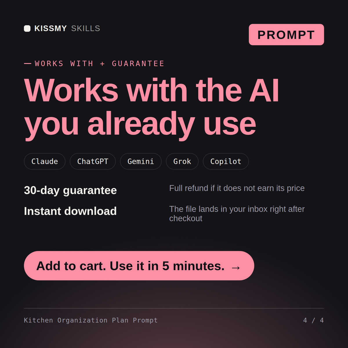 The Kitchen Organization Plan Prompt AI prompt works with Claude, ChatGPT, Gemini and any AI chat, 30-day money-back guarantee