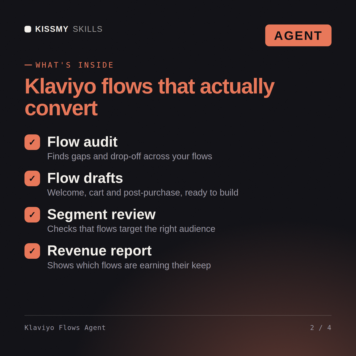 What's inside the Klaviyo Flows Agent AI agent: Flow audit, Flow drafts, Segment review, Revenue report
