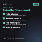 What's inside the Klemens - Digital File & Folder Organizer AI skill: Folder structure, Naming convention, Safe cleanup plan, Scans and routine
