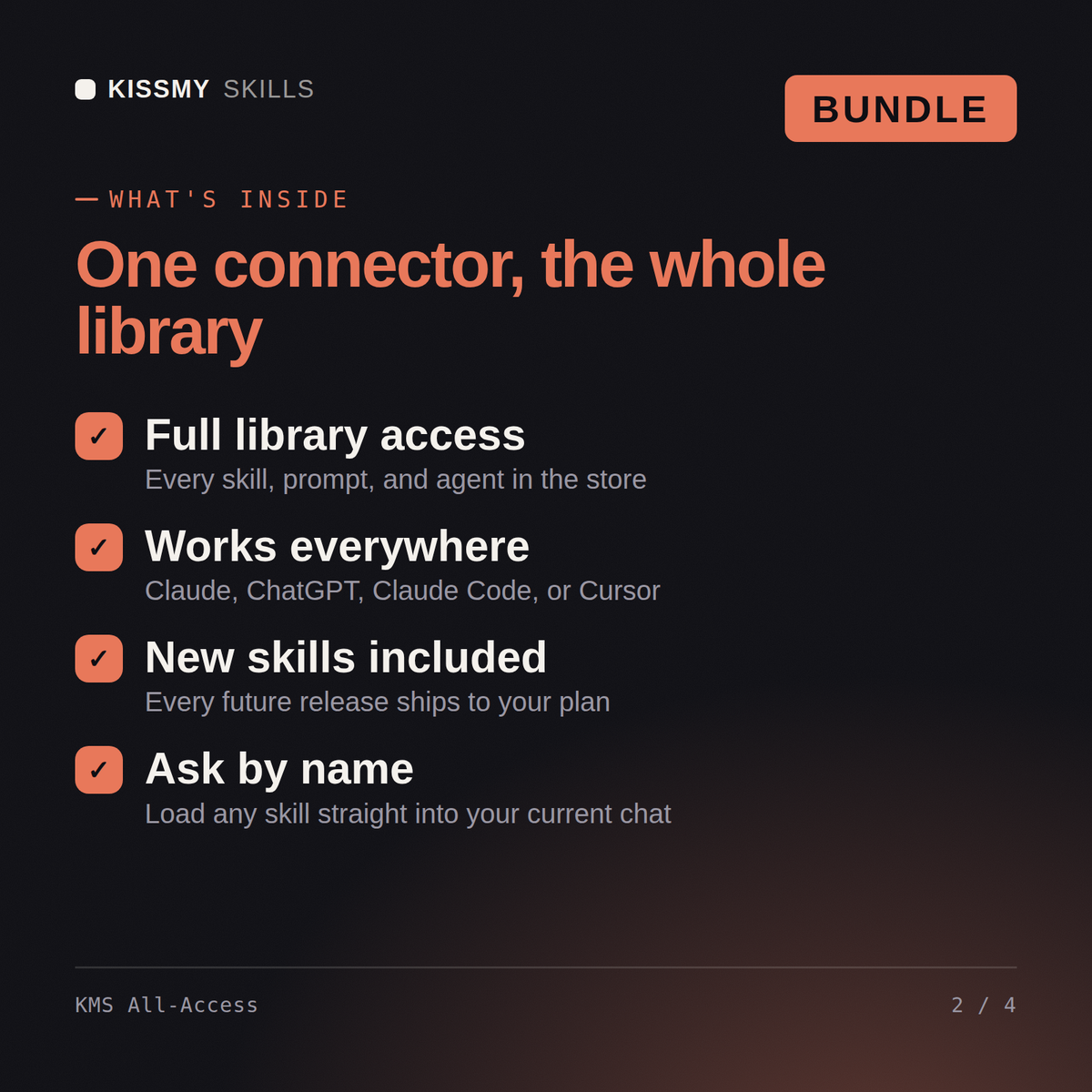 What's inside the KMS All-Access AI bundle: Full library access, Works everywhere, New skills included, Ask by name
