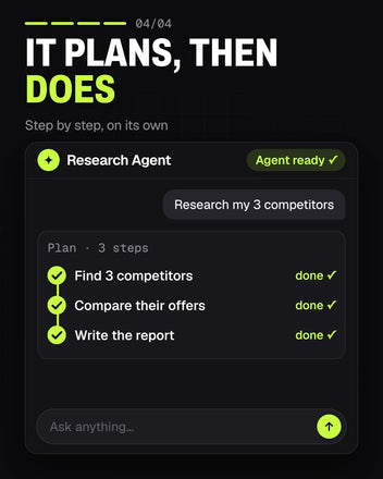 How an agent works: buy it, paste the .md into your AI, give it a task, it plans and delivers (silent loop, 16 seconds)