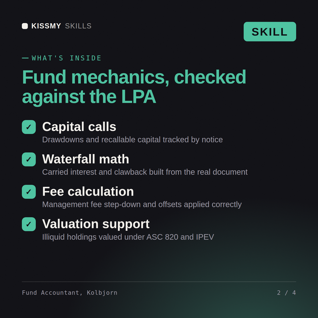 What's inside the Fund Accountant, Kolbjorn AI skill: Capital calls, Waterfall math, Fee calculation, Valuation support