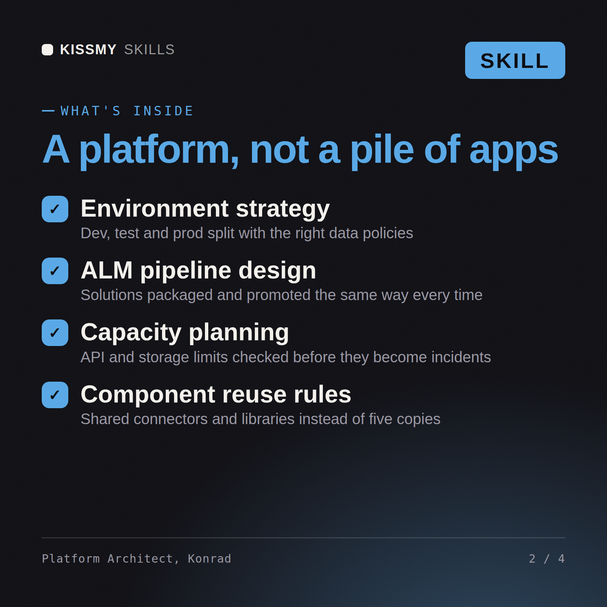 What's inside the Platform Architect, Konrad AI skill: Environment strategy, ALM pipeline design, Capacity planning, Component reuse rules