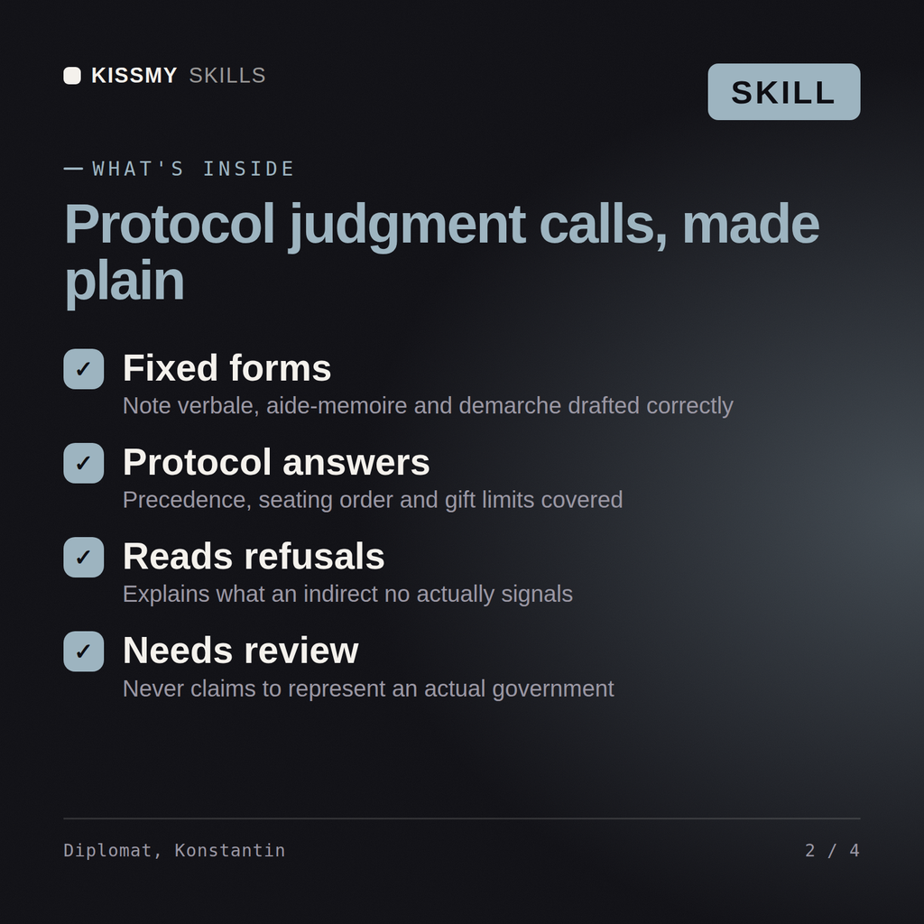 What's inside the Diplomat, Konstantin AI skill: Fixed forms, Protocol answers, Reads refusals, Needs review