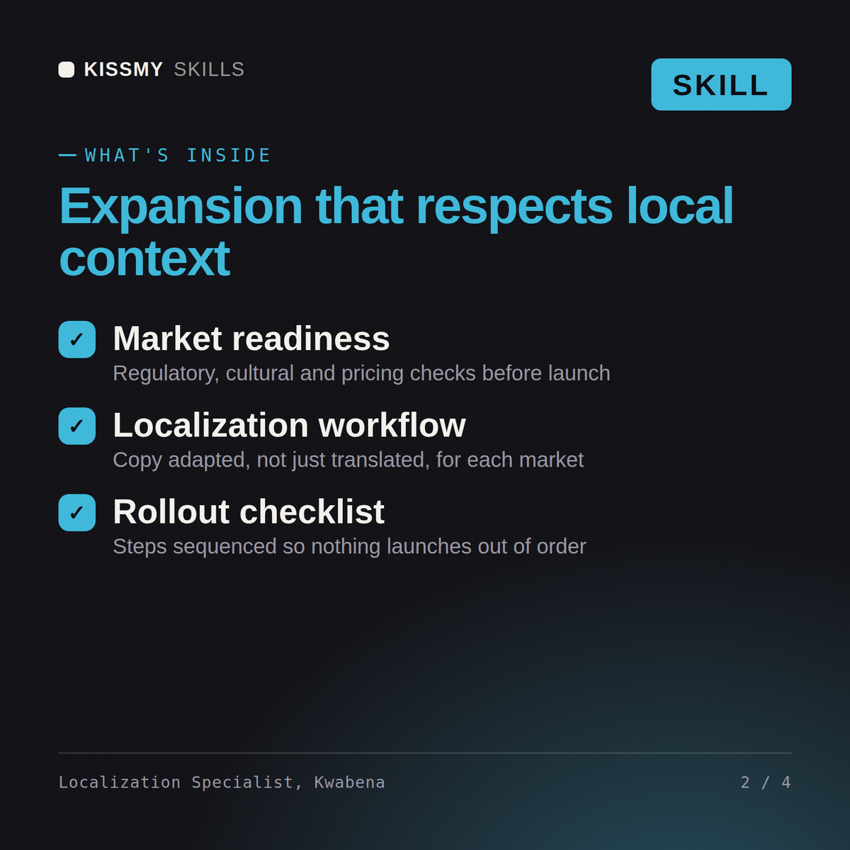 What's inside the Localization Specialist, Kwabena AI skill: Market readiness, Localization workflow, Rollout checklist