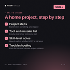 What's inside the DIY Home Improvement, Lars AI skill: Project steps, Tool and material list, Skill-level notes, Troubleshooting