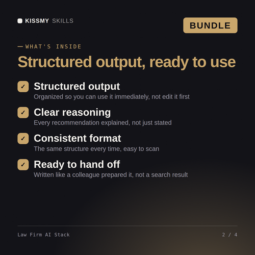 What's inside the Law Firm AI Stack AI bundle: Structured output, Clear reasoning, Consistent format, Ready to hand off