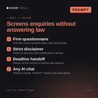 What's inside the Law Firm Chatbot Prompt AI prompt: Firm questionnaire, Strict disclaimer, Deadline handoff, Any AI chat