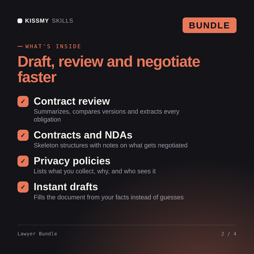 What's inside the Lawyer Bundle AI bundle: Contract review, Contracts and NDAs, Privacy policies, Instant drafts