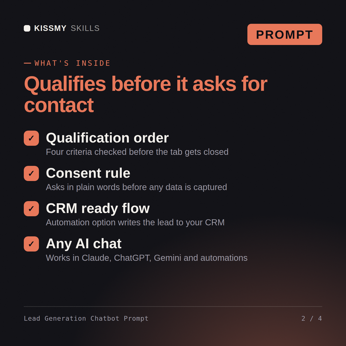 What's inside the Lead Generation Chatbot Prompt AI prompt: Qualification order, Consent rule, CRM ready flow, Any AI chat