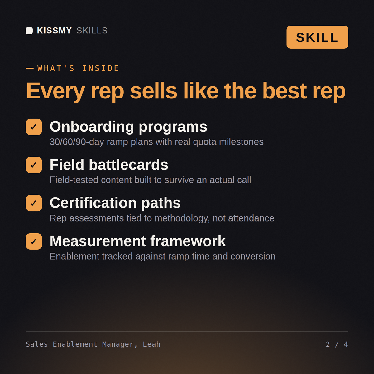 What's inside the Sales Enablement Manager, Leah AI skill: Onboarding programs, Field battlecards, Certification paths, Measurement framework