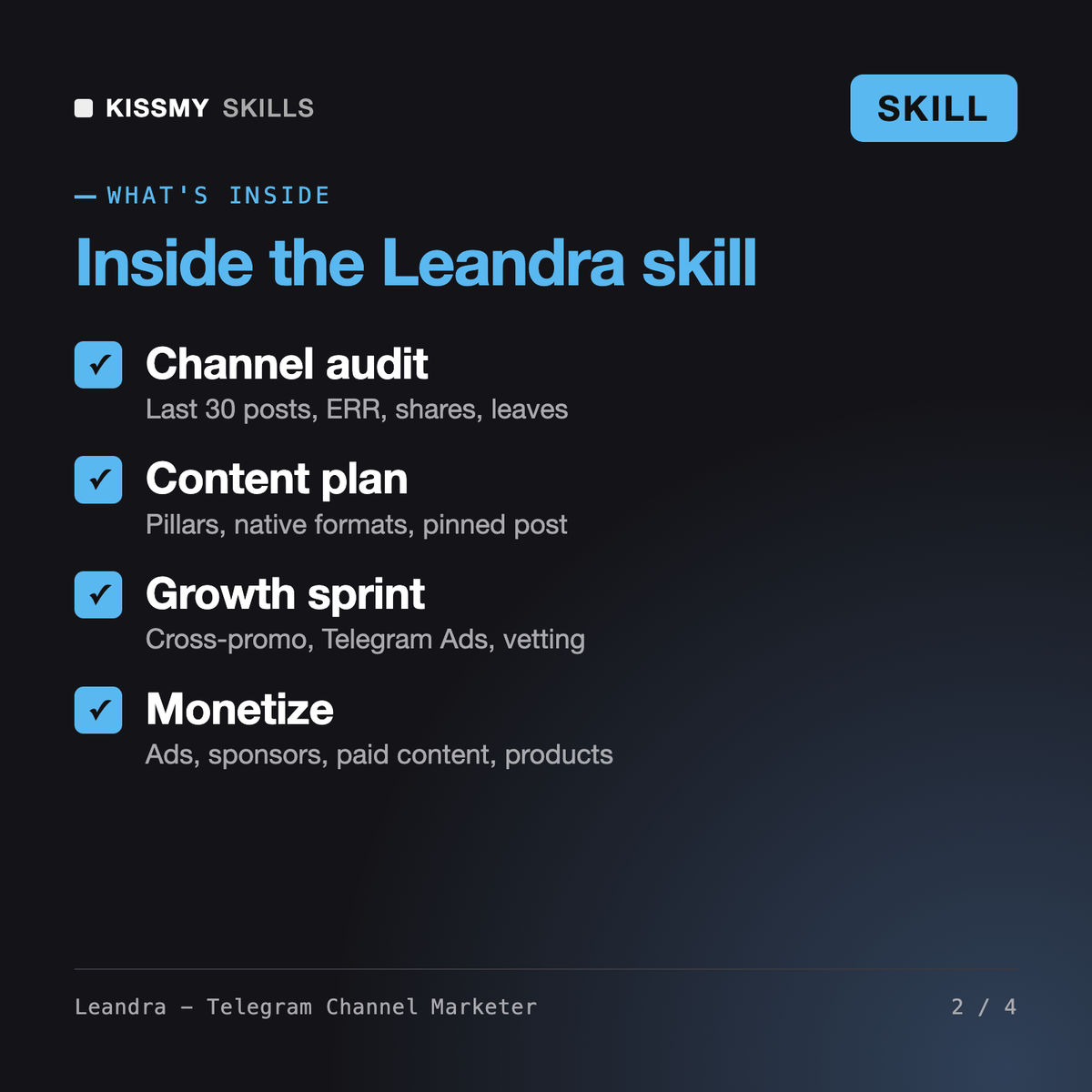 What's inside the Leandra - Telegram Channel Marketer AI skill: Channel audit, Content plan, Growth sprint, Monetize