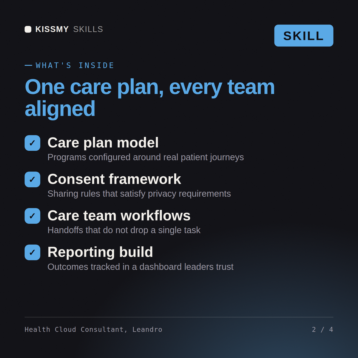 What's inside the Health Cloud Consultant, Leandro AI skill: Care plan model, Consent framework, Care team workflows, Reporting build