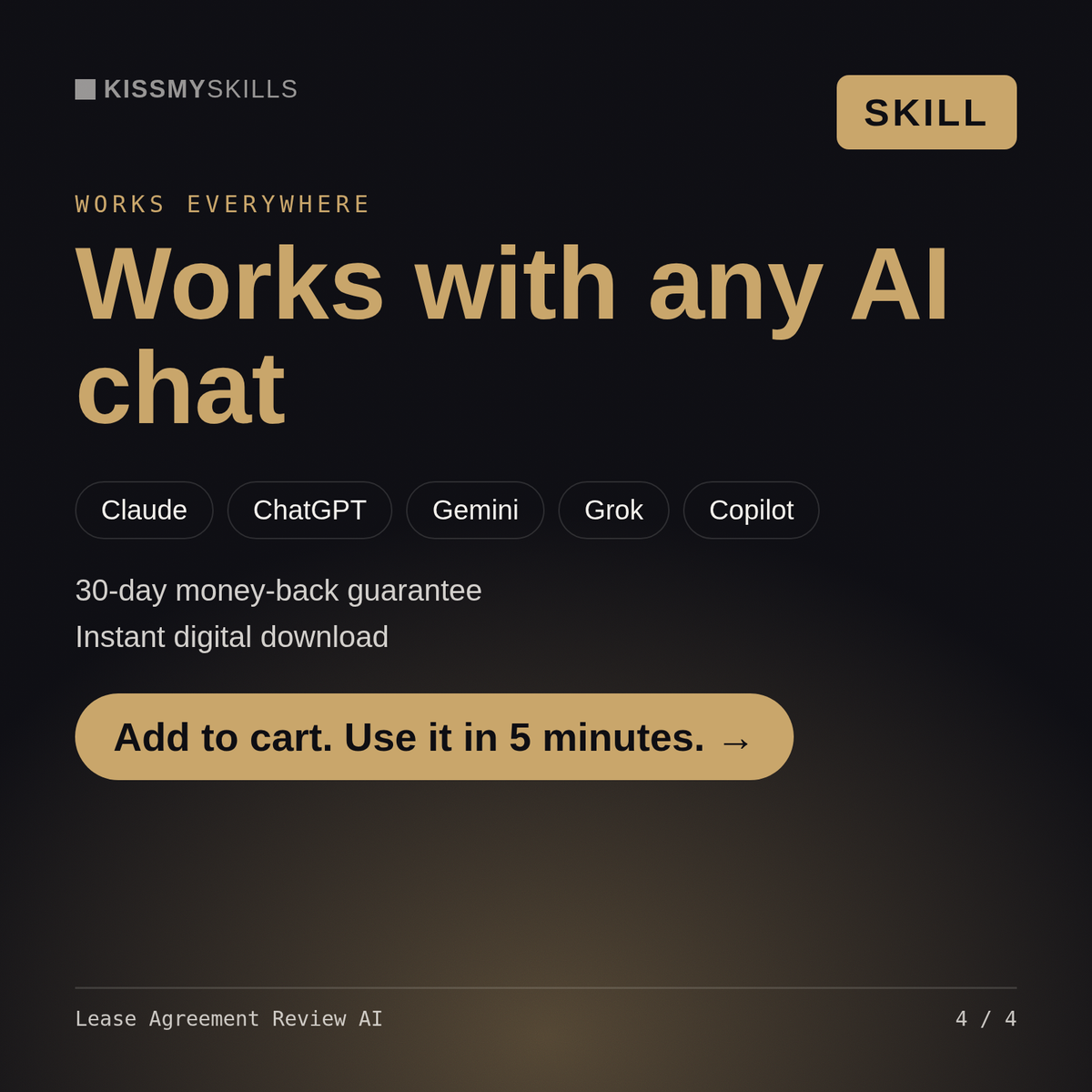 The Lease Agreement Review AI skill works with Claude, ChatGPT, Gemini and any AI chat, 30-day money-back guarantee