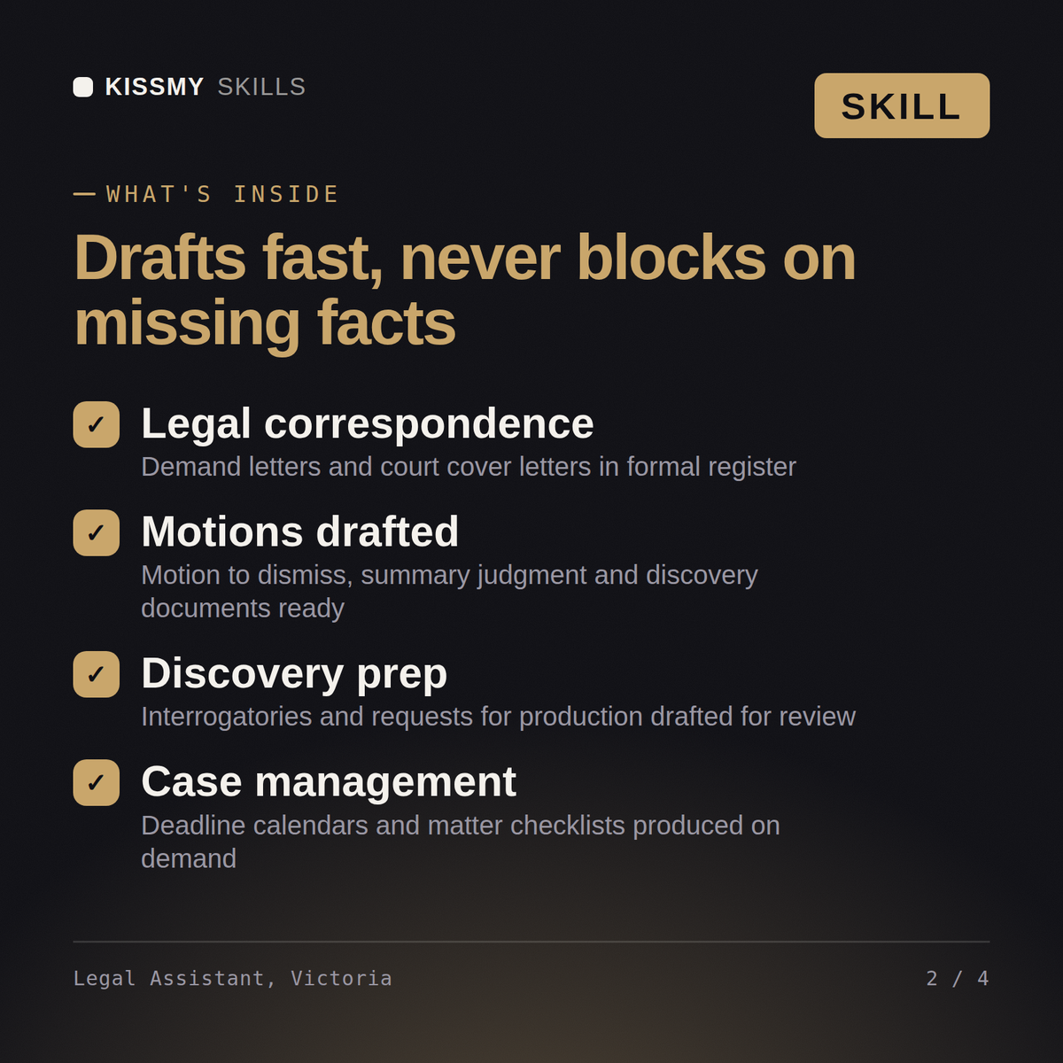 What's inside the Legal Assistant, Victoria AI skill: Legal correspondence, Motions drafted, Discovery prep, Case management
