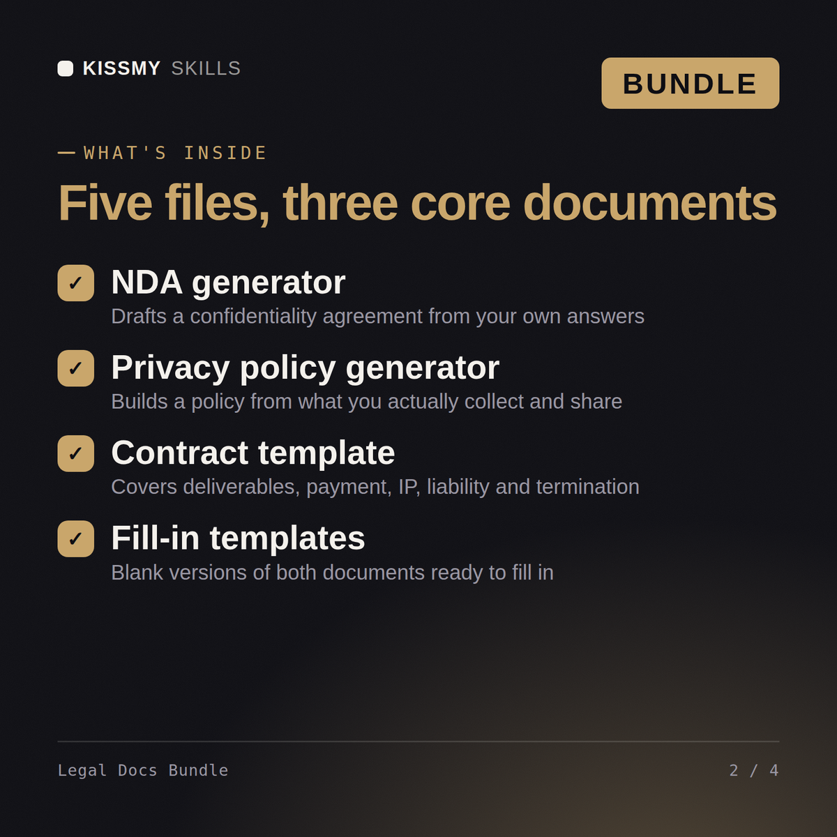 What's inside the Legal Docs Bundle AI bundle: NDA generator, Privacy policy generator, Contract template, Fill-in templates