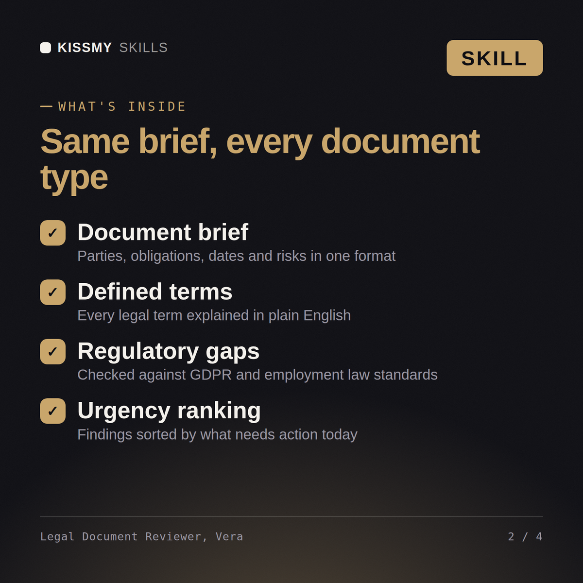 What's inside the Legal Document Reviewer, Vera AI skill: Document brief, Defined terms, Regulatory gaps, Urgency ranking