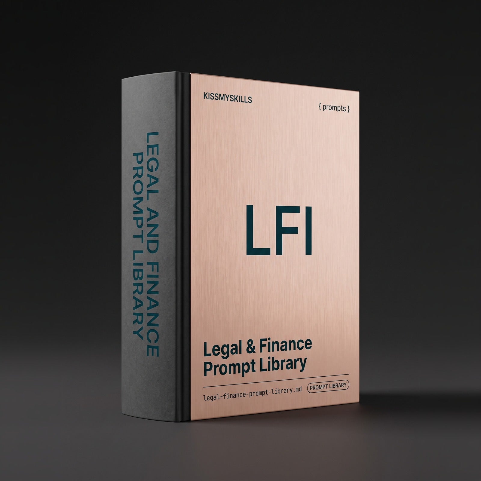 Legal & Finance prompts for Claude by KissMySkills, brushed pale copper metal cover with the monogram LFI