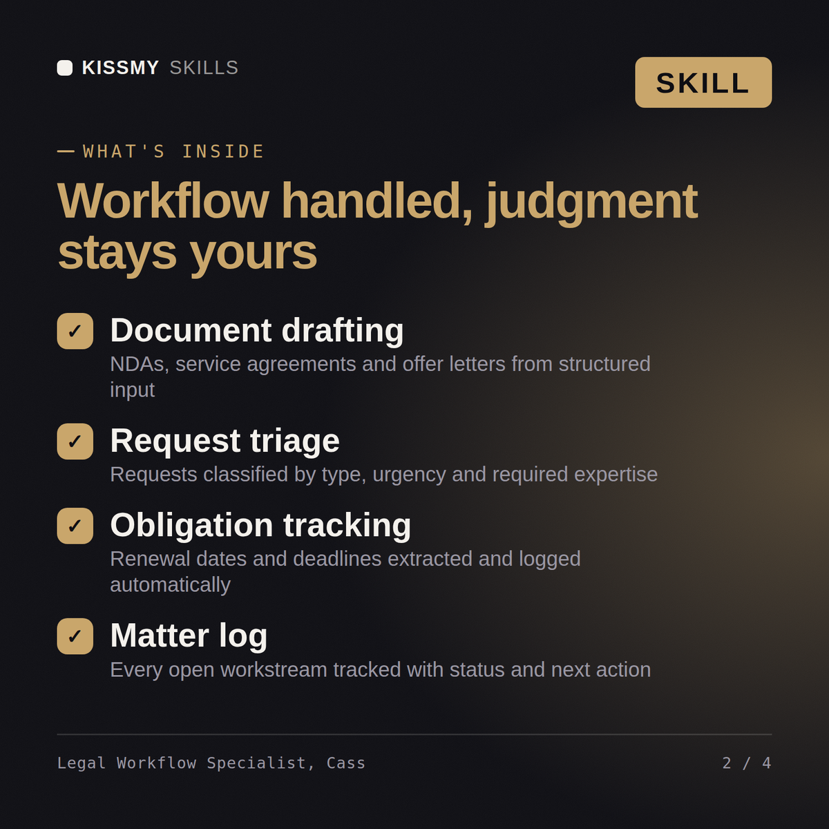 What's inside the Legal Workflow Specialist, Cass AI skill: Document drafting, Request triage, Obligation tracking, Matter log