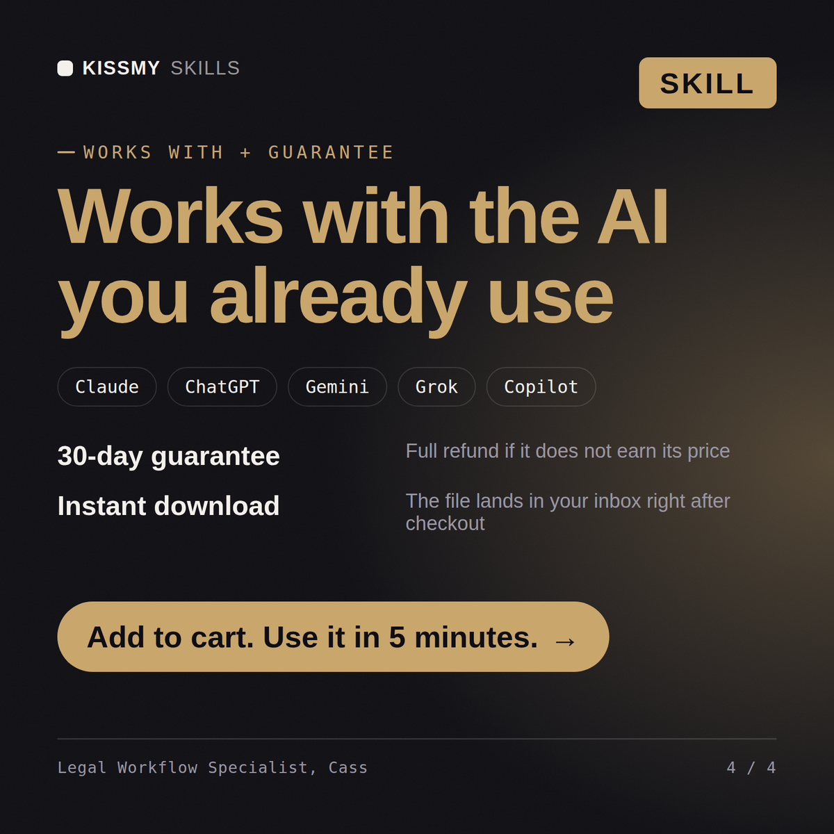 The Legal Workflow Specialist, Cass AI skill works with Claude, ChatGPT, Gemini and any AI chat, 30-day money-back guarantee