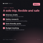 What's inside the Solo Travel Planner, Lena AI skill: Itinerary drafts, Safety research, Solo-friendly picks, Budget tracking