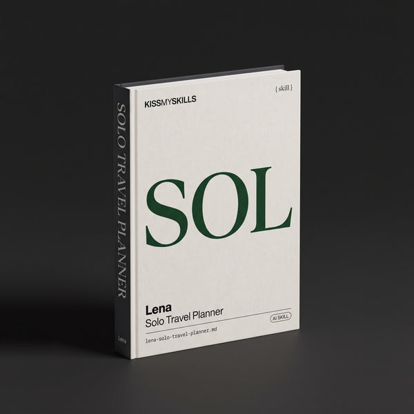 Solo Travel Planner Claude skill by KissMySkills, hardcover volume cover