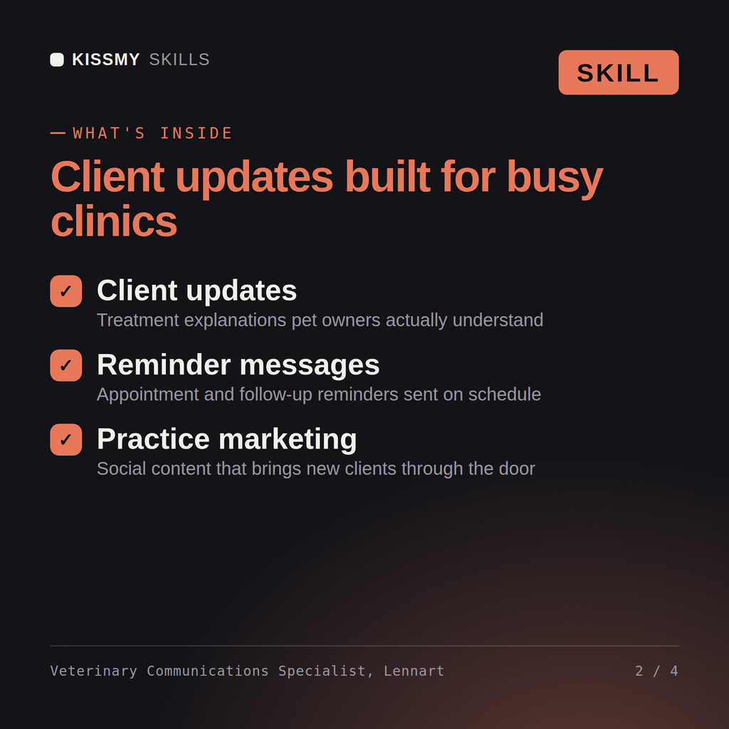 What's inside the Veterinary Communications Specialist, Lennart AI skill: Client updates, Reminder messages, Practice marketing