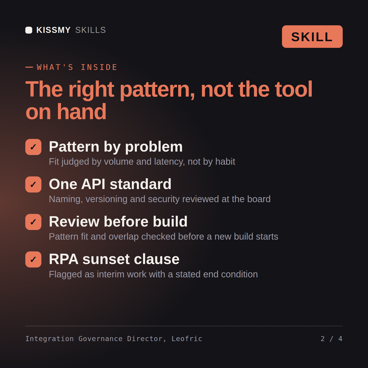 What's inside the Integration Governance Director, Leofric AI skill: Pattern by problem, One API standard, Review before build, RPA sunset clause