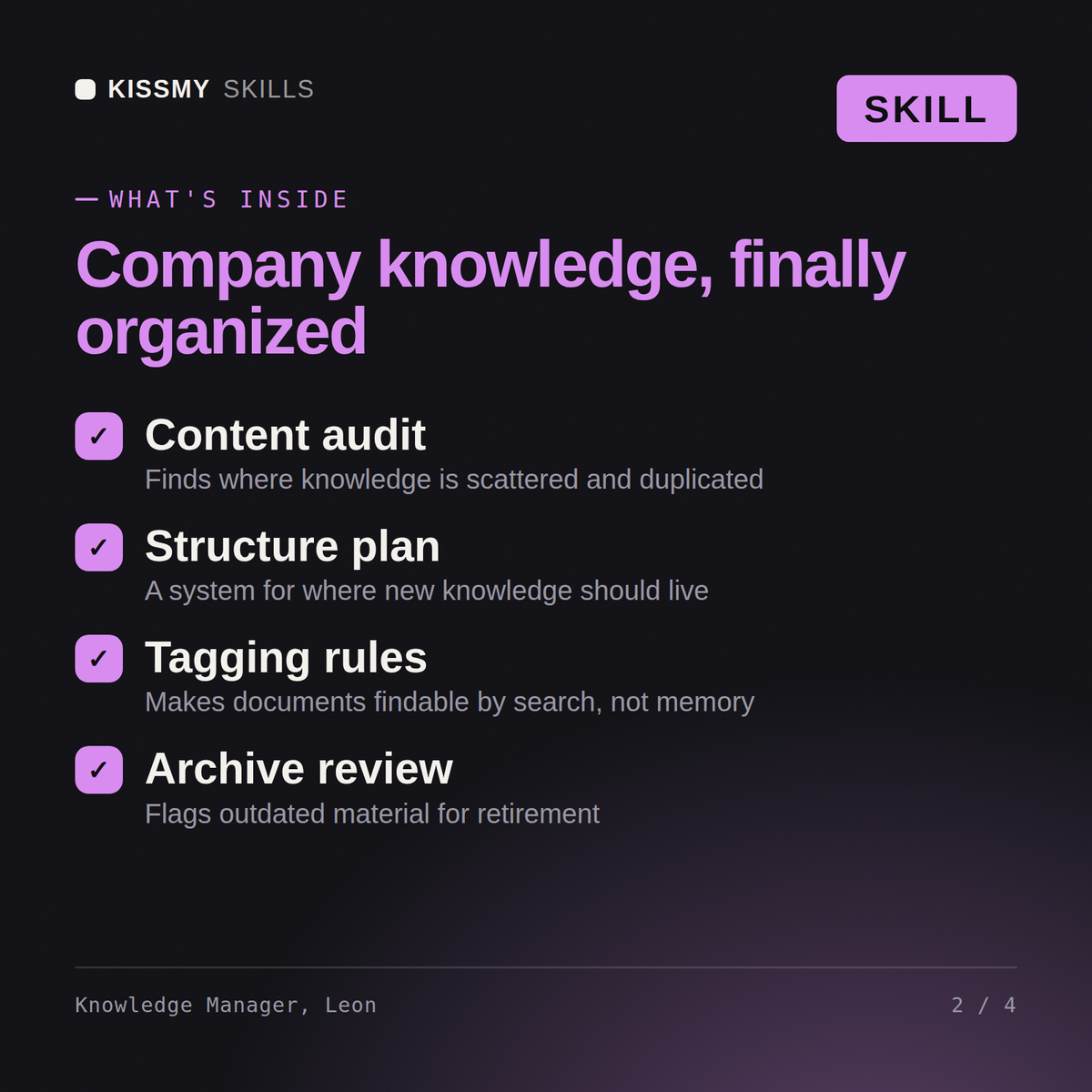 What's inside the Knowledge Manager, Leon AI skill: Content audit, Structure plan, Tagging rules, Archive review
