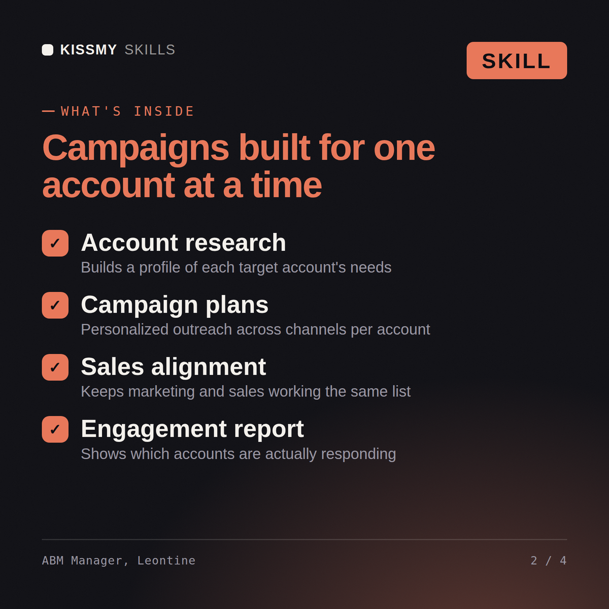 What's inside the ABM Manager, Leontine AI skill: Account research, Campaign plans, Sales alignment, Engagement report