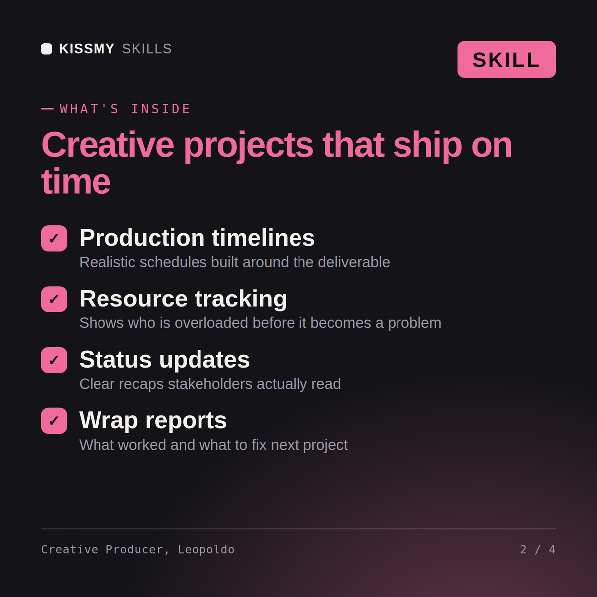What's inside the Creative Producer, Leopoldo AI skill: Production timelines, Resource tracking, Status updates, Wrap reports